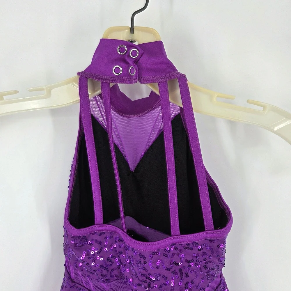Weissman Purple Sequin Mock Neck Halter Dance Costume Skirted Leotard Kids SC